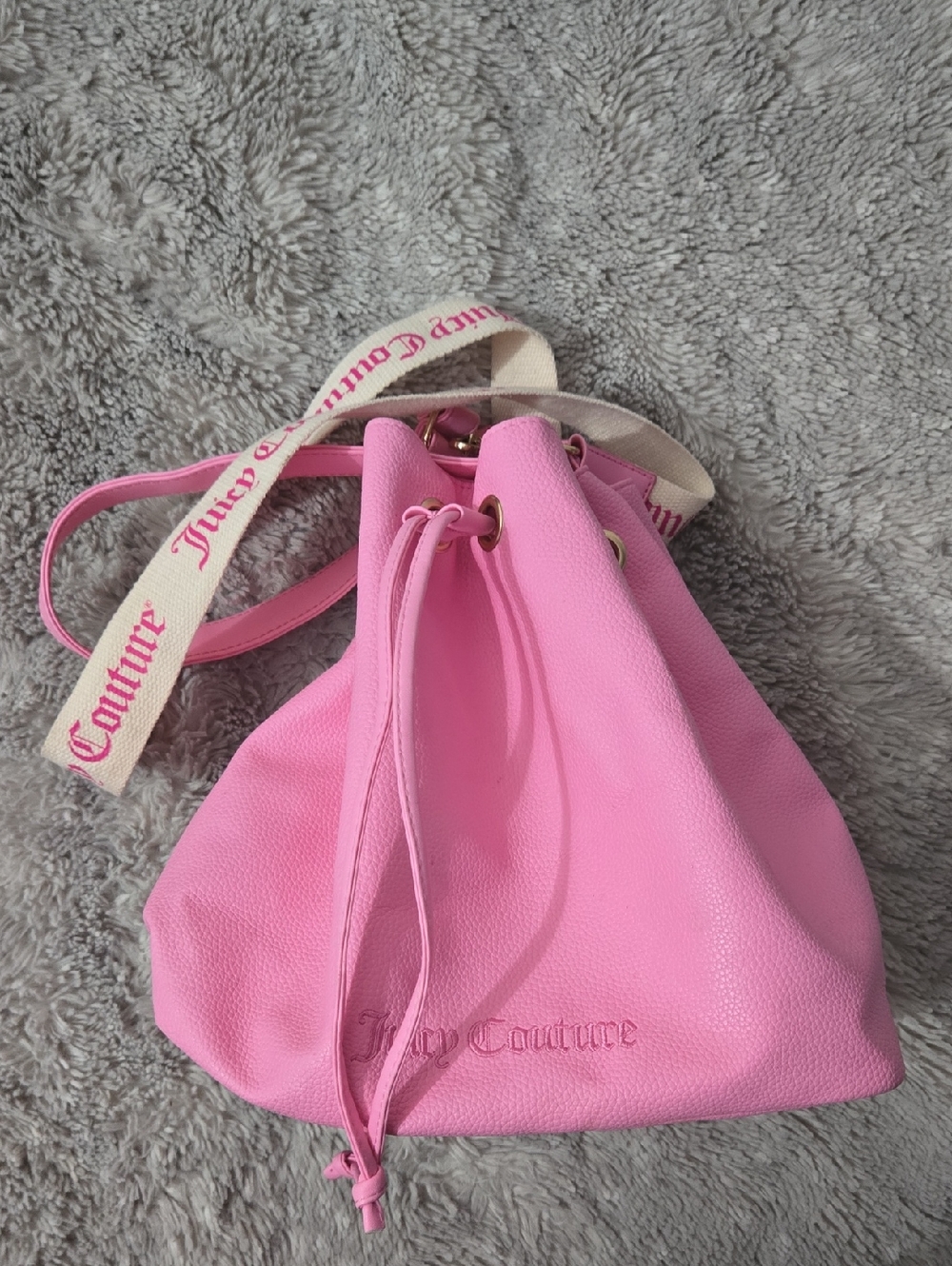 Juicy Couture Bubblegum Pink Drawstring Bucket Bag with Branded Strap